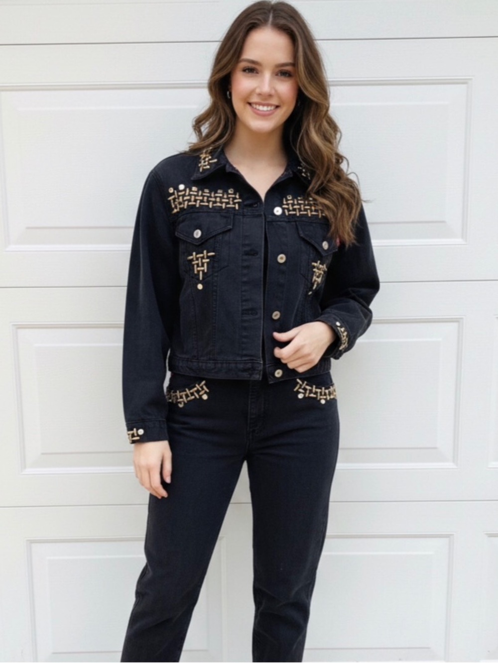 GAZOZ 1980’s VTG Black Studded Denim Jacket & Jeans SUIT Size LARGE